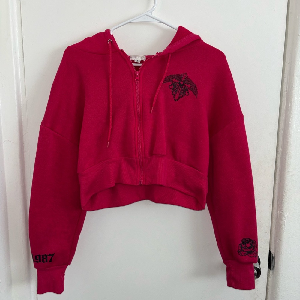 Red Cropped Hoodie with Embroidered Details